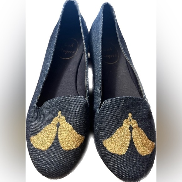 Jack Rogers Blue Chambray Denim Gold Embroidered Tassel Ballet Flats Size 6 - Picture 1 of 6